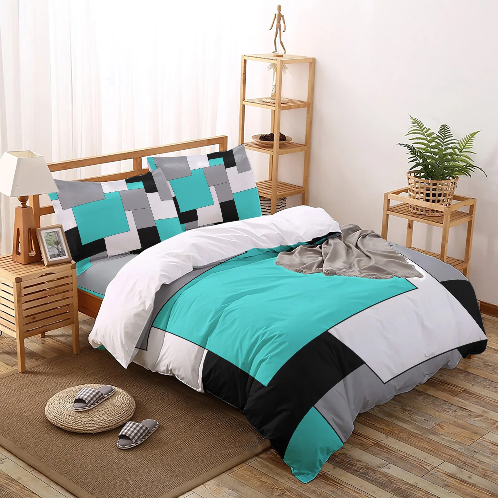 Aqua Turquoise Black Grey Color Blocks Comfortable Household Goods Bedroom Bed Luxury Duvet Cover 2/3/4 Pieces | Дом и сад