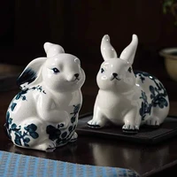 blue and white porcelain rabbit sculpture ceramic simulation animal crafts room wine cabinet rabbit decoration home decoration