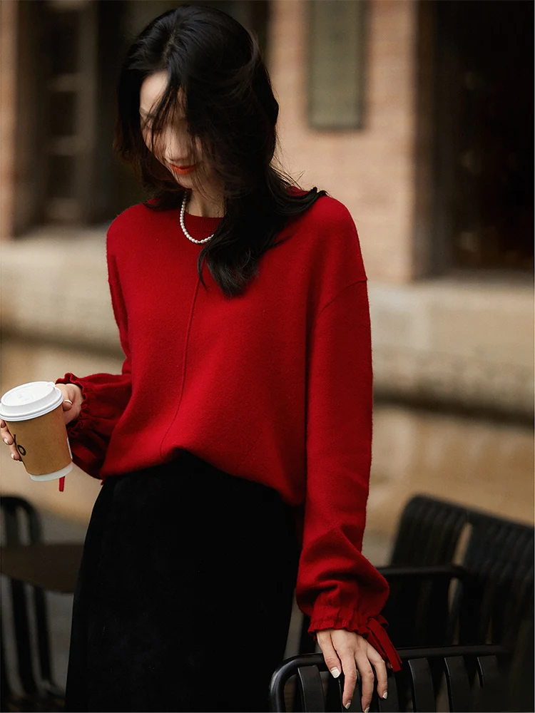 Xiaoxiao Hangbo Kendi Красный флисовый вязаный топ из ангоры с круглым вырезом и длинными