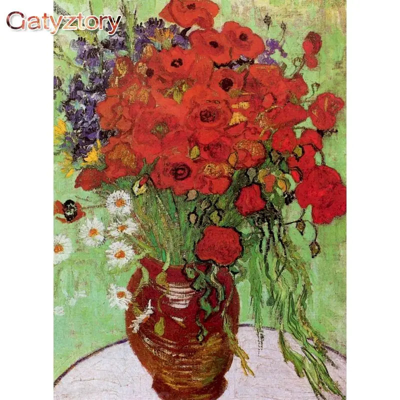 

GATYZTORY DIY Painting By Number Red Flowers Oil Painting Picture Coloring By Numbers Flower In Vase Hand Painted Home Decors