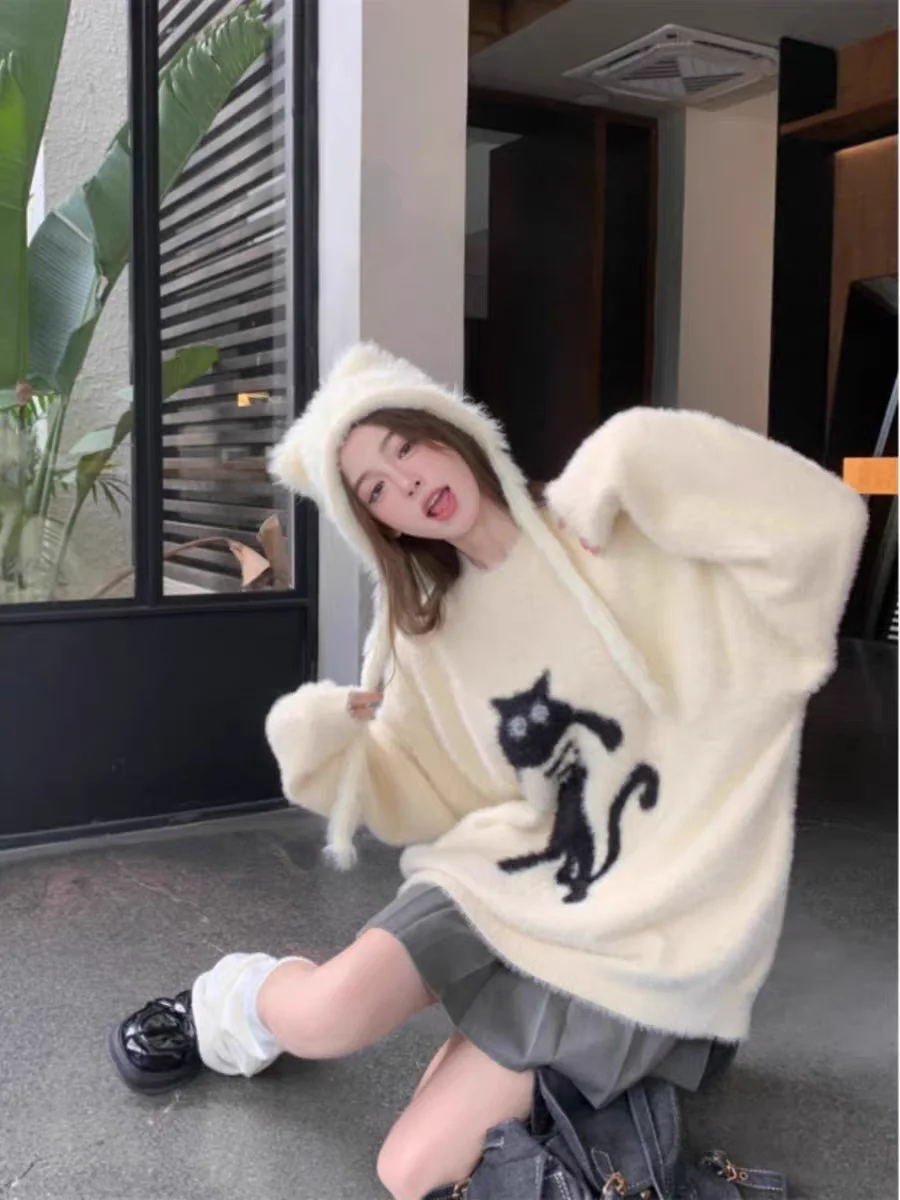 Korejpaa Kawaii Cat жаккардовый вязаный пуловер свитера женская осенне-зимняя одежда