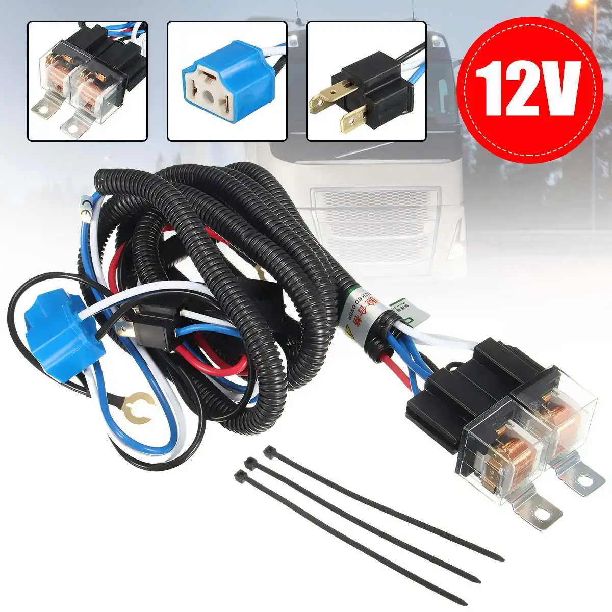 

7'' 12V H4 Car Headlight Headlamp Relay Wiring Harness Relay Harness Light Bulb Socket Plug For Car Auto Headlight