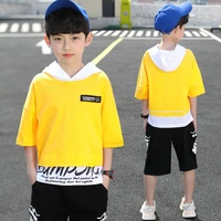 summer kids boys clothes suit fake two t shirtcargo shorts 2pcs set hooded t shirt and pants suit for childrens 3 12 years