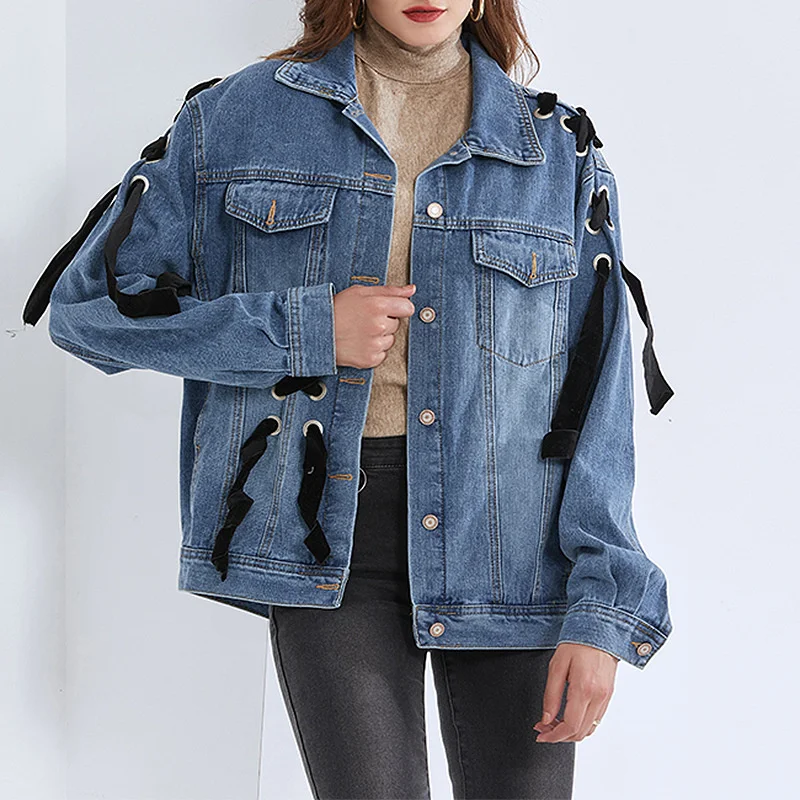 

2022 New Fashion Women Denim Jacket Long Sleeve Single-breasted Solid Color Loose Lace Patchwork Elegant Ladies Autumn Jacket