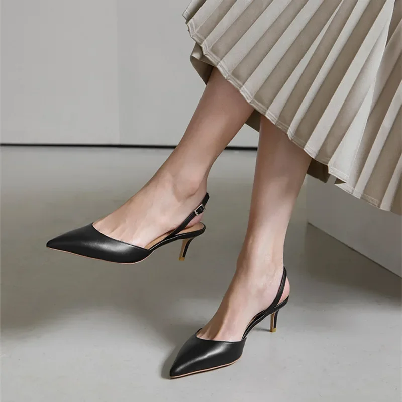 Туфли женские кожаные с острым носком роскошные сандалии до щиколотки высокий