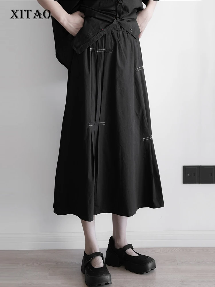 

XITAO Black Skirt Fashion Women Elastic Waist Goddess Fan Casual Style Loose Pleated 2022 Summer Minority Loose Skirt WMD7138
