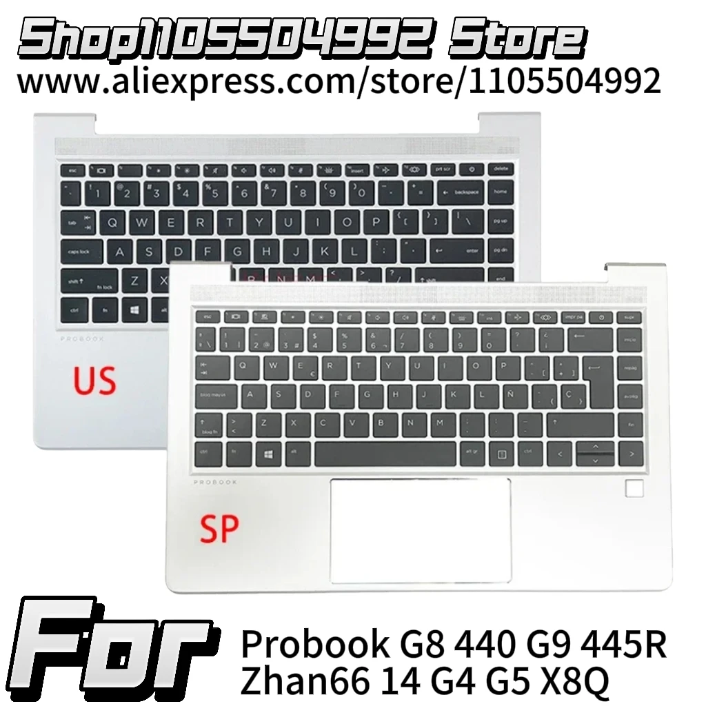 Фото Новая оригинальная американская испанская клавиатура для ноутбуков HP Probook G8 440 G9 445R Zhan66 14 G4 G5 X8Q, верхняя крышка с подсветкой (пальмрест) №1