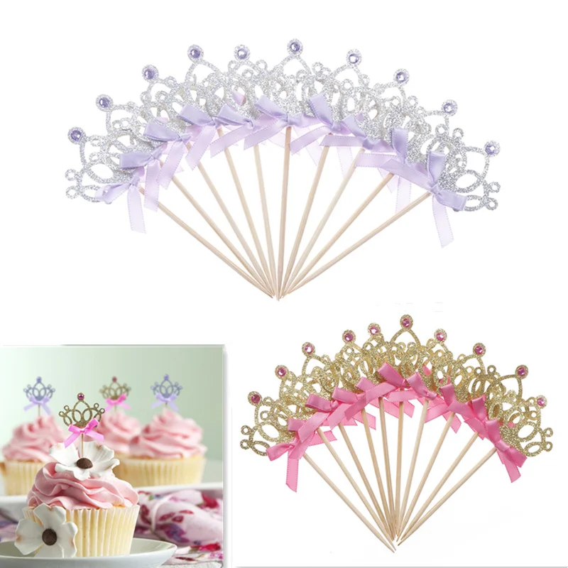 

10Pcs/Lot Birthday Prince Party Decorations Bow Crown Cupcake Toppers Picks Baby Shower Party Cake Accessories Gold/Silver