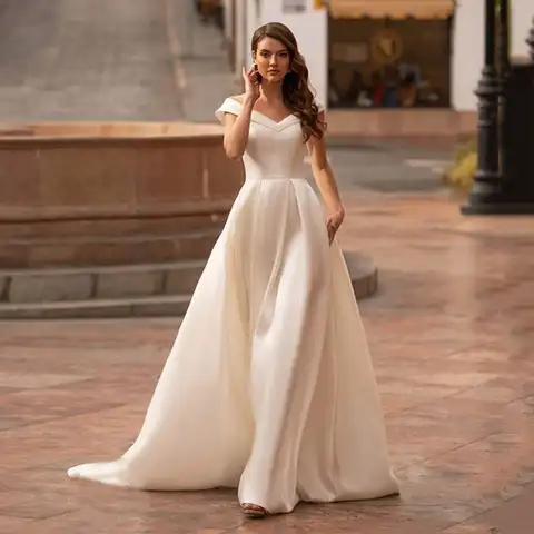Wedding Dresses Sexy Off Shoulder Button Back Bridal Gowns Custom Made Lace Satin Beach Civil For Women Robe De Mariee Summer