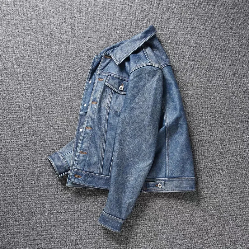 Men's Motorcycle Leather Jacket Light Blue Ami Khaki Retro Graphite Distressed Denim Genuine Slim Short