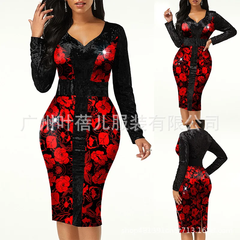 

Осеннее облегающее элегантное офисное платье с длинным рукавом, модное привлекательное облегающее платье-карандаш с принтом и V-образным в...