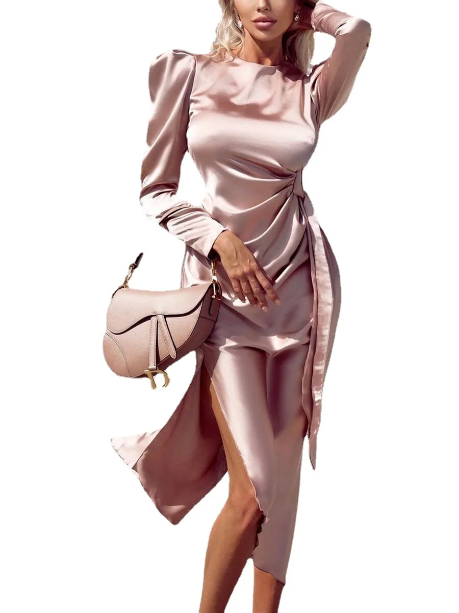 PLEINDI Luxurious Evening Dresses O-Neck Asymmetrical Long Sleeves Floor-Length Chiffon 2022 New of Exquisite Prom Wome Dress