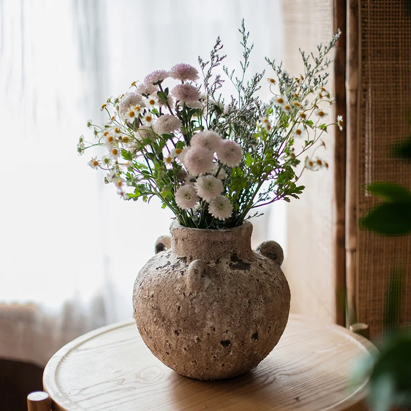 

Ceramic Dried Flower Pot Vase Handmade Coarse Pottery Vintage Flower Arrangement Zen Decorations Succulent Flower Vase