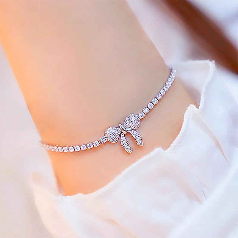 

New Style Silver Color Simple Zircon Bowknot Bracelet For Women INS Fashion Creative Birthday Party Jewelry Gifts