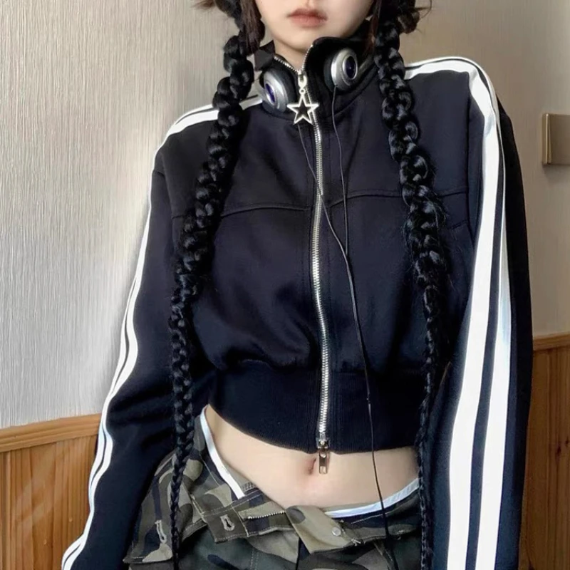 

Женский облегающий короткий свитер DUOFAN, корейский топ контрастных цветов, кардиган с двойной молнией и ложным воротником