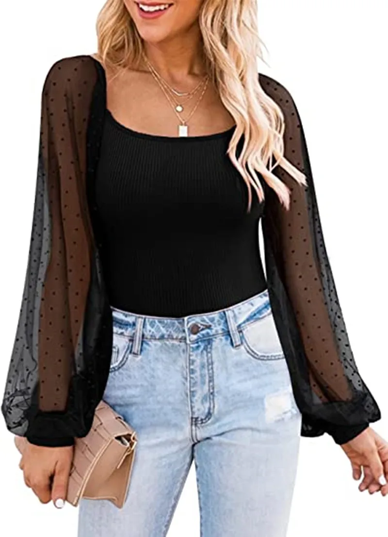 

Women's Fashion Perspective Polka Dots Sheer Lantern Long Sleeve Splicing Slim Top