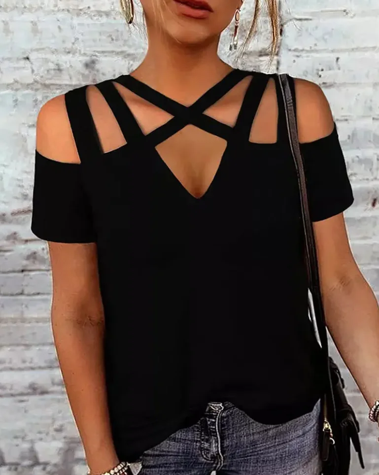 

Новое поступление 2022, черные женские футболки с перекрестным крестом, женский топ с коротким рукавом и вырезом