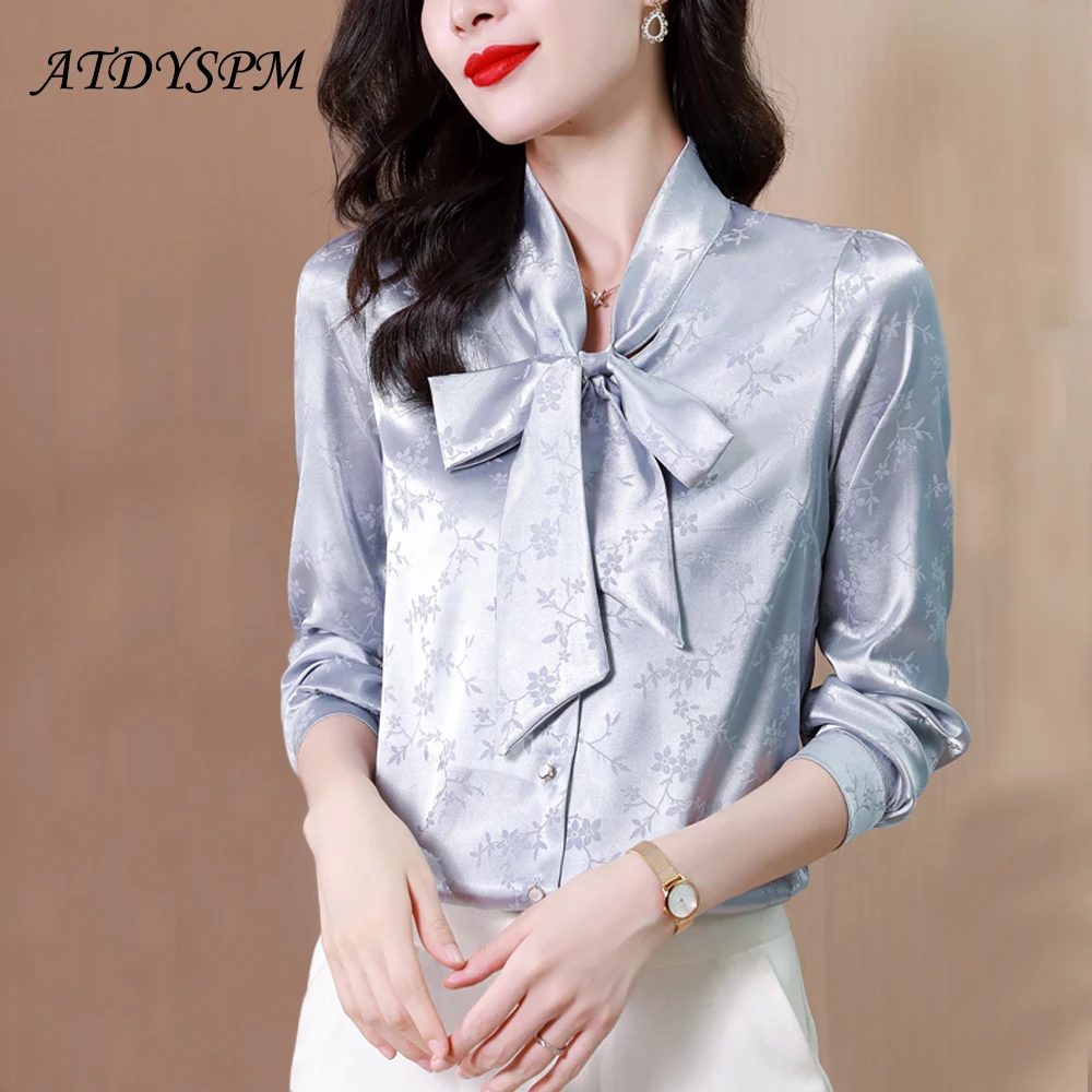 

Women Autumn Style Satin Blouses Shirts Lady Casual Long Sleeve Bow Tie Collar Printed Blouses Vintage Femme Office Chic Tops