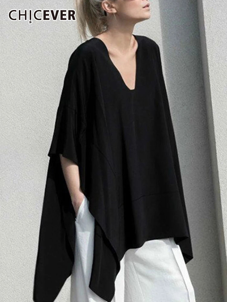 

CHICEVER Irregular Hem T Shirt For Women V Neck Batwing Short Sleeve T Shirts Female Fashion Clothing Summer 2022 Simple Style