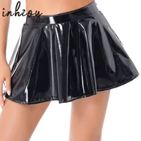 womens sexy patent leather flared mini skirts glossy wetlook latex zipper a line miniskirt stage performance rave party clubwear