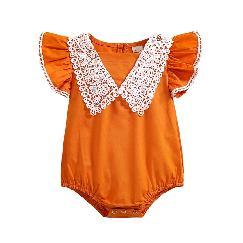 

Newborn Baby Girl Fly Sleeve Romper Lace Patchwork Bordered Sweet Style Bodysuit Casual Summer Clothes