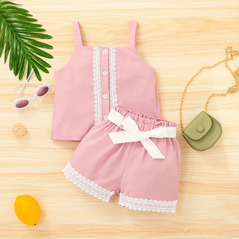 

Summer 2Pcs Baby Girls Casual Vest Tops Pants Clothing Sets Children's Lace Buttons Blouse Casual Loose Bow Ruffle Short Pants