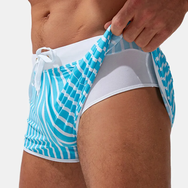 

Мужские плавки, Шорты для плавания с двойной подкладкой, с эластичной талией, в полоску, пляжные, для серфинга, праздничные