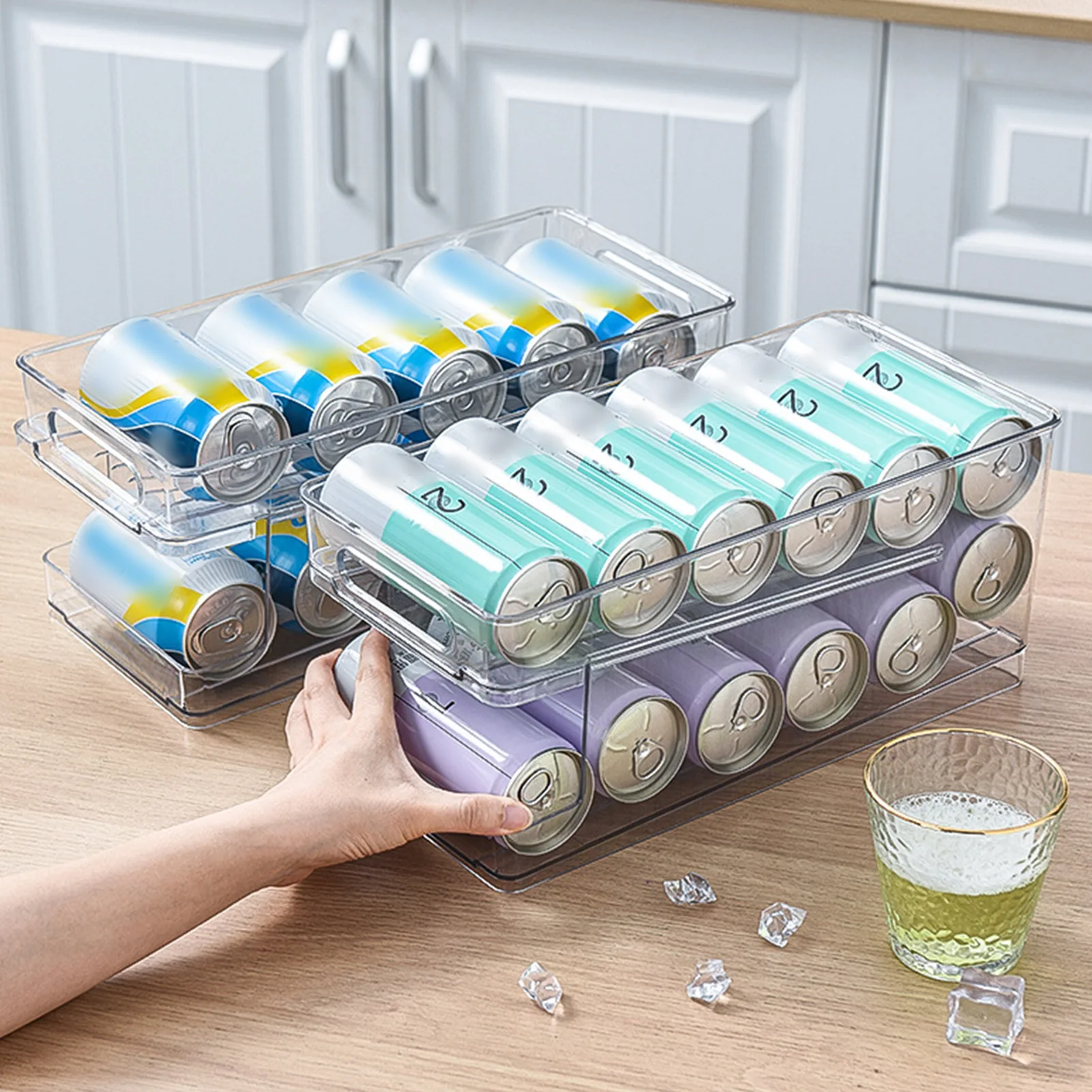 

Refrigerator Organizer Bins Soda Can Beverage Bottle Holder Cola Beer Rack Kitchen Double Layer Automatic Roll Off Storage Box