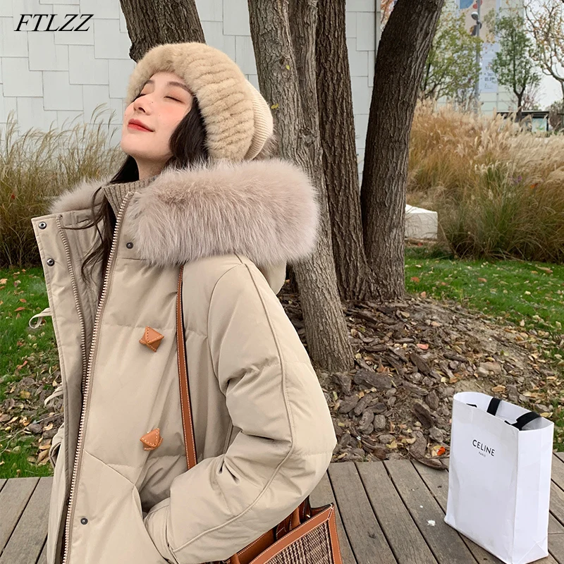 

FTLZZ Winter Female 2022 New Large Real Fox Fur Collar Hooded Coat 90% White Duck Down Jacket Long Thick Warm Snow Overcoat