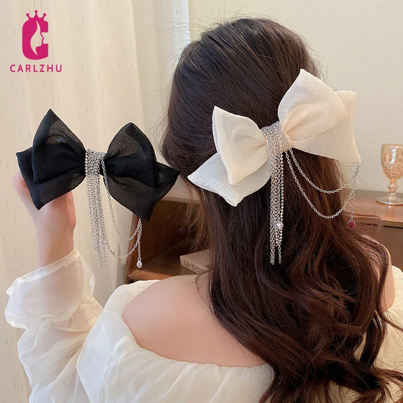 

Однотонные заколки для волос из органзы с бантом и цепочкой с кисточками аксессуары для волос крупные заколки для волос для женщин и девуше...