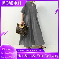 women long dress japan grey summer 2021 casual half sleeve a line maxi robe femme vestiods loose style pullover solid new