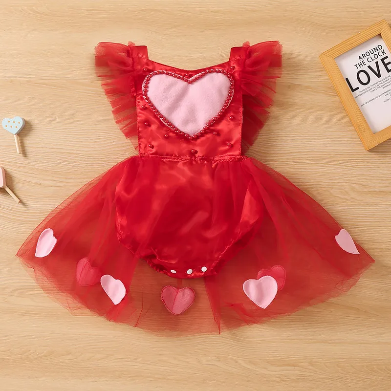 

Infant Girl Valentine's Day Bodysuit Summer Fly Sleeve Sweetheart Neck Heart Pearl Tulle Patchwork Jumpsuit 0 to 24 Months