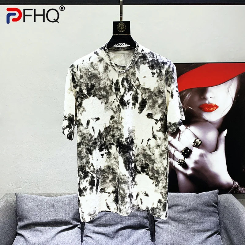 

PFHQ Summer Fashion Casual Darkwear Worn Out Men's T-shirt O-neck Short Sleeve Loose Breathable Tie Dye Creativity Tops 21F3816