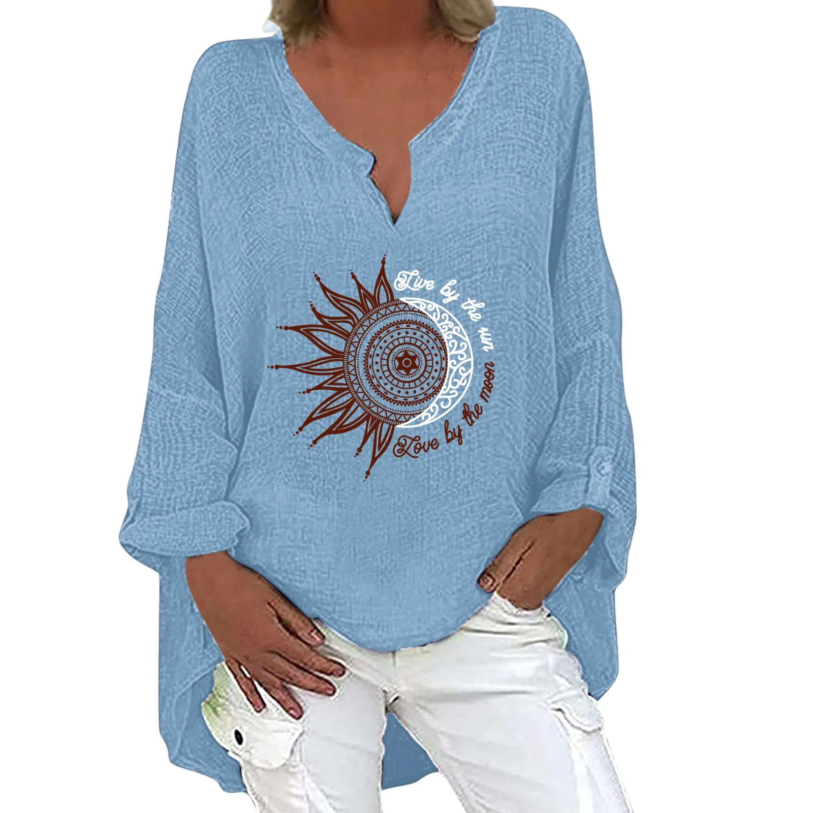 

Women's V-neck T-shirts Loose 2022 Autumn New Fashion Female Outfit Long Sleeve Vintage Printing Clothing For Ladies Wholesale