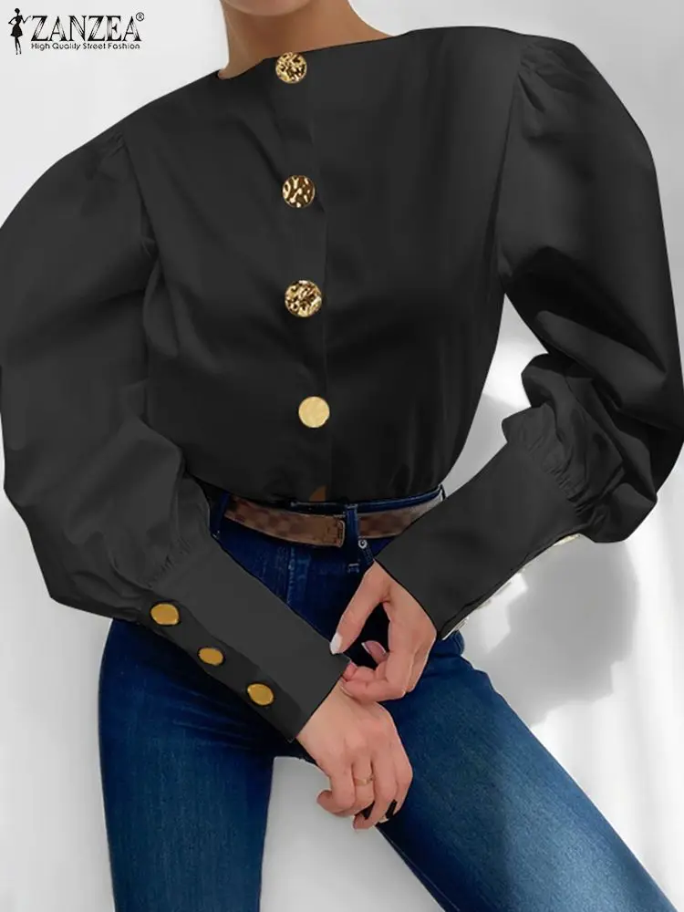 

Женские топы на пуговицах ZANZEA, женские осенние блузки 2023, элегантная рубашка с пышными рукавами, однотонные модные рубашки с длинными манжетами и круглым вырезом