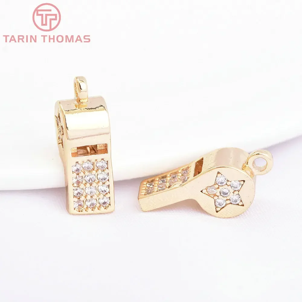 (6960) 4 шт. 5x14 мм 24 К золотого цвета латунь с цирконом в форме свистка