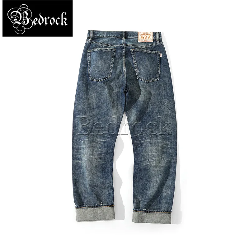 MBBCAR 14.5oz selvedge denim jeans men whisker monkey wash blue cattle jeans distressed restoration retro wear straight pants