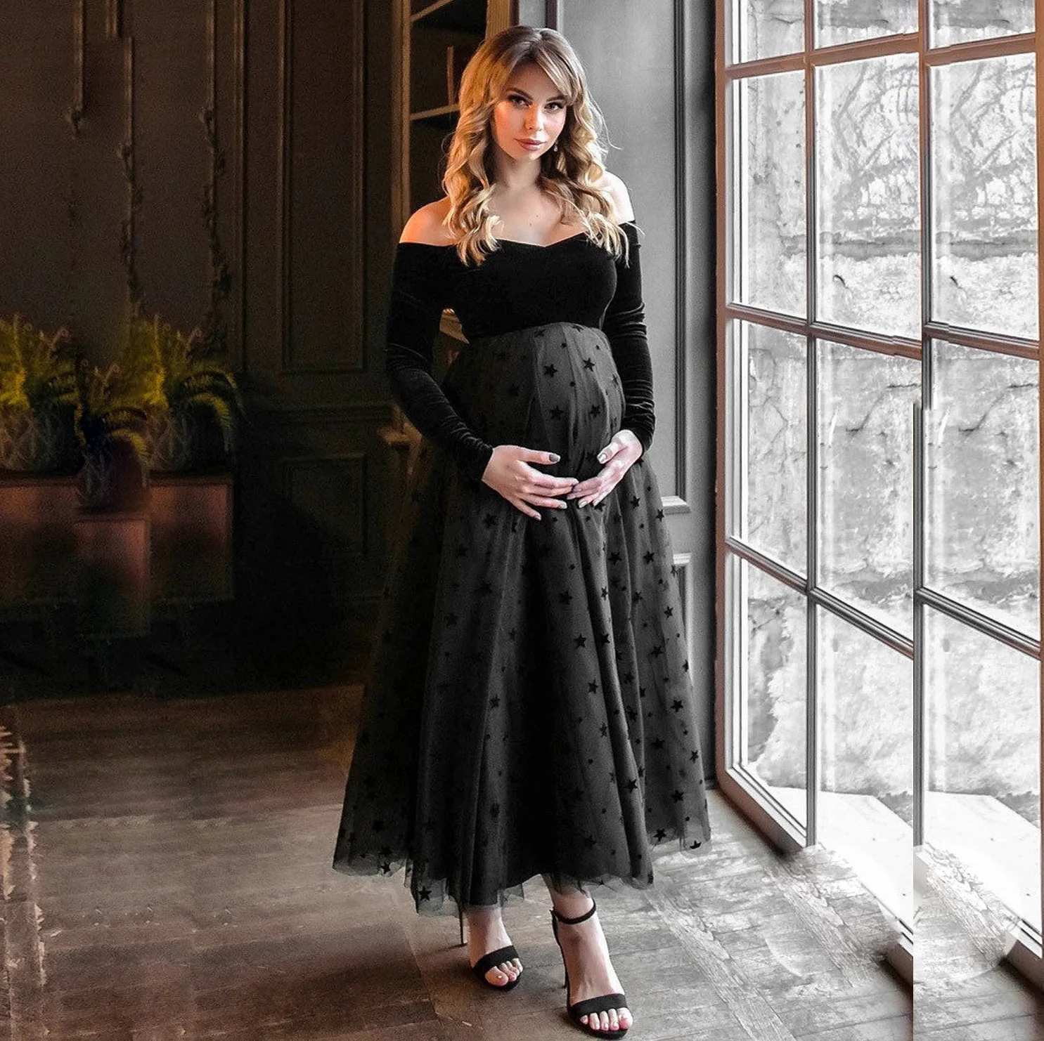 Tulle Maternity Dress for Photo Shoot Pleuche Off Shoulder Pregnancy Dress for Photography Baby Shower Dresses Maternity Dresses enlarge