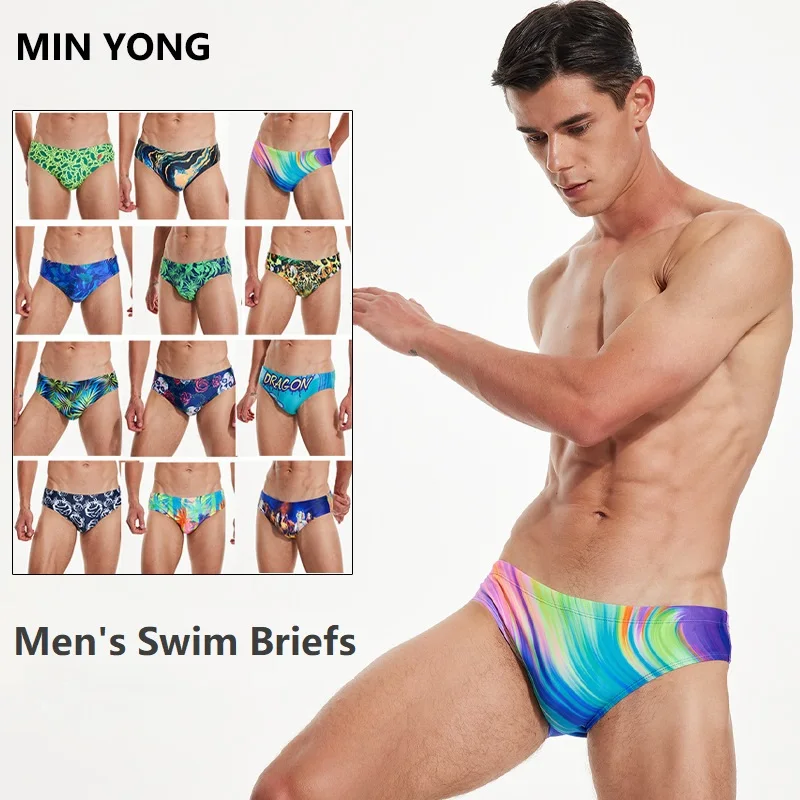 Men's Printed Swim Briefs Triangle Swimming Trunks Racing Briefs Racer Bathers Professional for Training and Competition