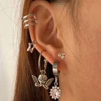 5pcs hip hop silver color metal angel drop earrings set for women punk hollow star pink crystal dangle earrings party jewelry