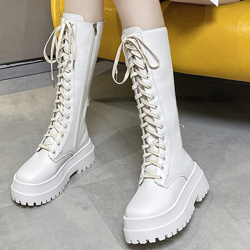 

Женские повседневные сапоги Fad до колена в стиле панк, новая трендовая обувь на среднем каблуке, женские мотоциклетные сапоги на платформе с...