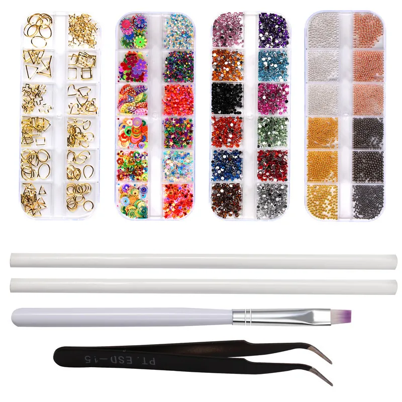 8Pcs Nail Art Manicure Set 3D Mixed Rhinestones Sequins Caviar Beads Dotting Pen Brushes Tweezers Hollow Rivet Nail Tools Kit