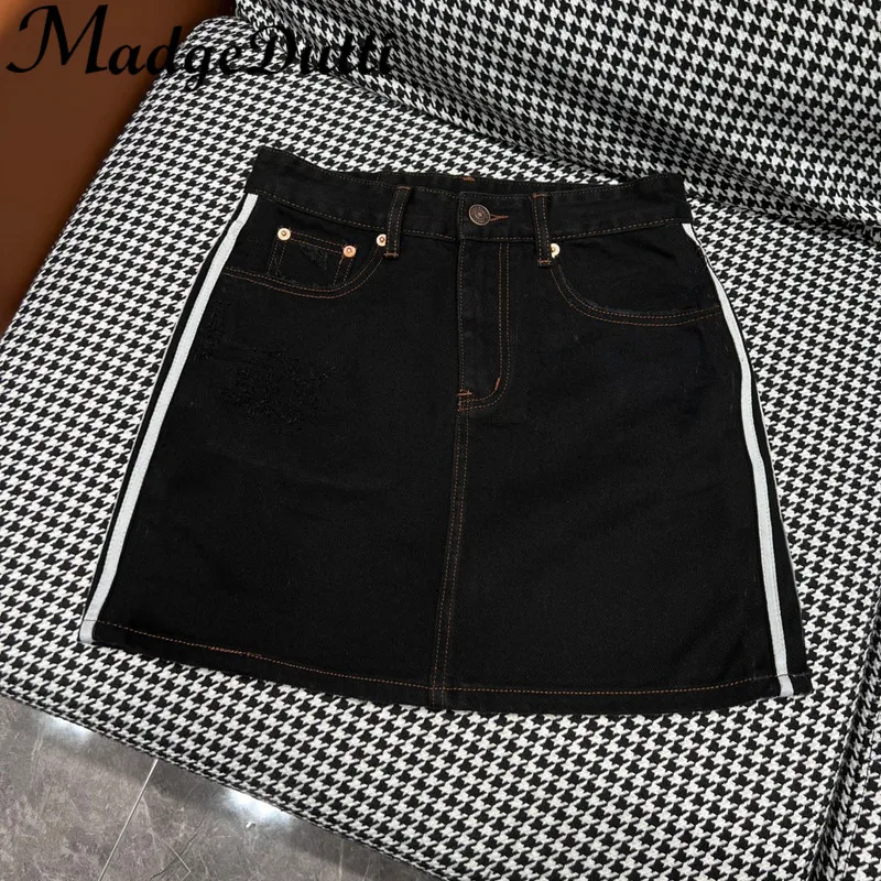

12.29 MadgeDutti Women 2023 Spring Summer New Fashion Enzyme Washed Two Side Contrast Color Striped Denim Skirt