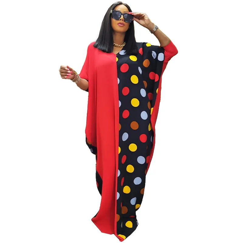 

Maxi Dress Women Robes V Neck Batwing Sleeve Boubou Summer New Print Patchwork Fashion Loose Streetwear Long Dresses Ropa Mujer