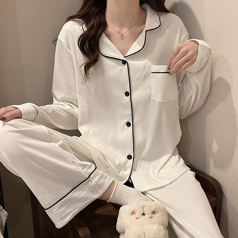 

Women Spring Autumn New Simple Trousers Suit Lady Long Sleeve Soft Comfortable Loungewear Leisure Nightclothes Loose Pajamas Set