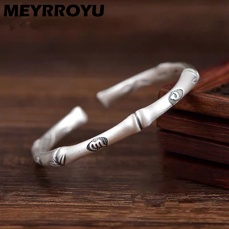 

MEYRROYU Men Women Vintage Thai Silver Bamboo Cuff Bracelet Unique Fashion New Unisex Jewelry Party Couple Gift pulseras mujer