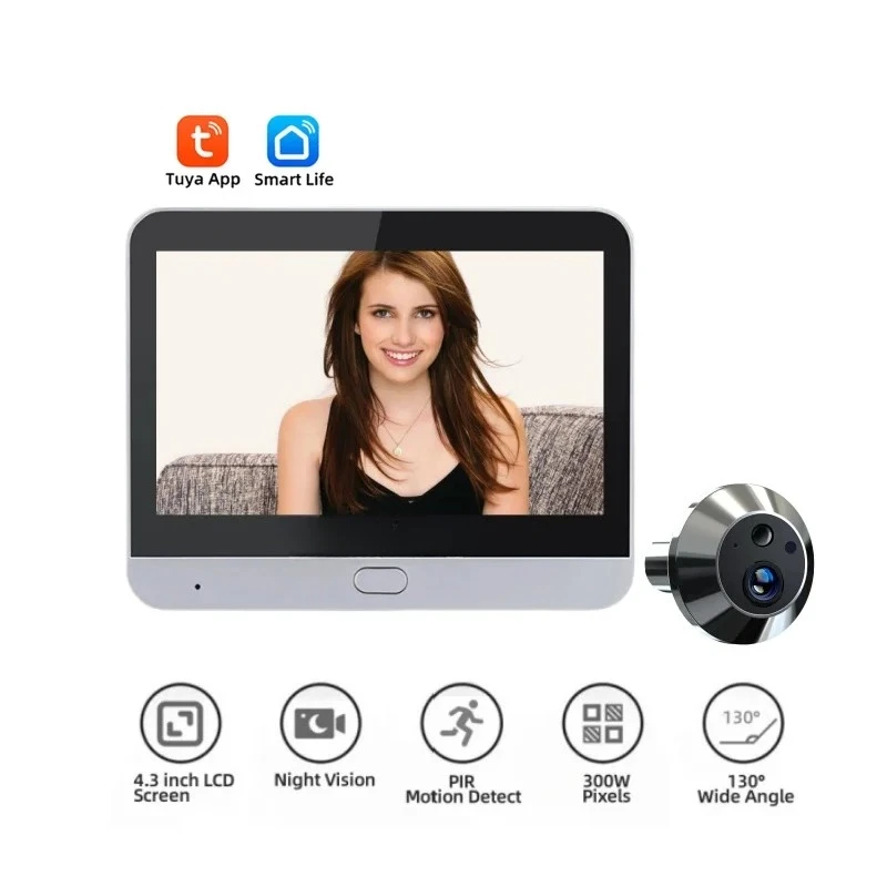Фото Видеоглазок Tuya Smart 1080P с Wi-Fi 2.4G, односторонней аудиосвязью, беспроводной видеокамерой, ночным видением и монитором для домашней безопасности