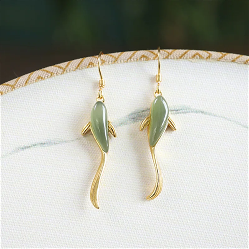 

Emerald Jade Carp Earrings for Women "like a Fish in Water" Ethnic Jewelry Inspirational Gifts August Birthstone FISH EARRINGS L
