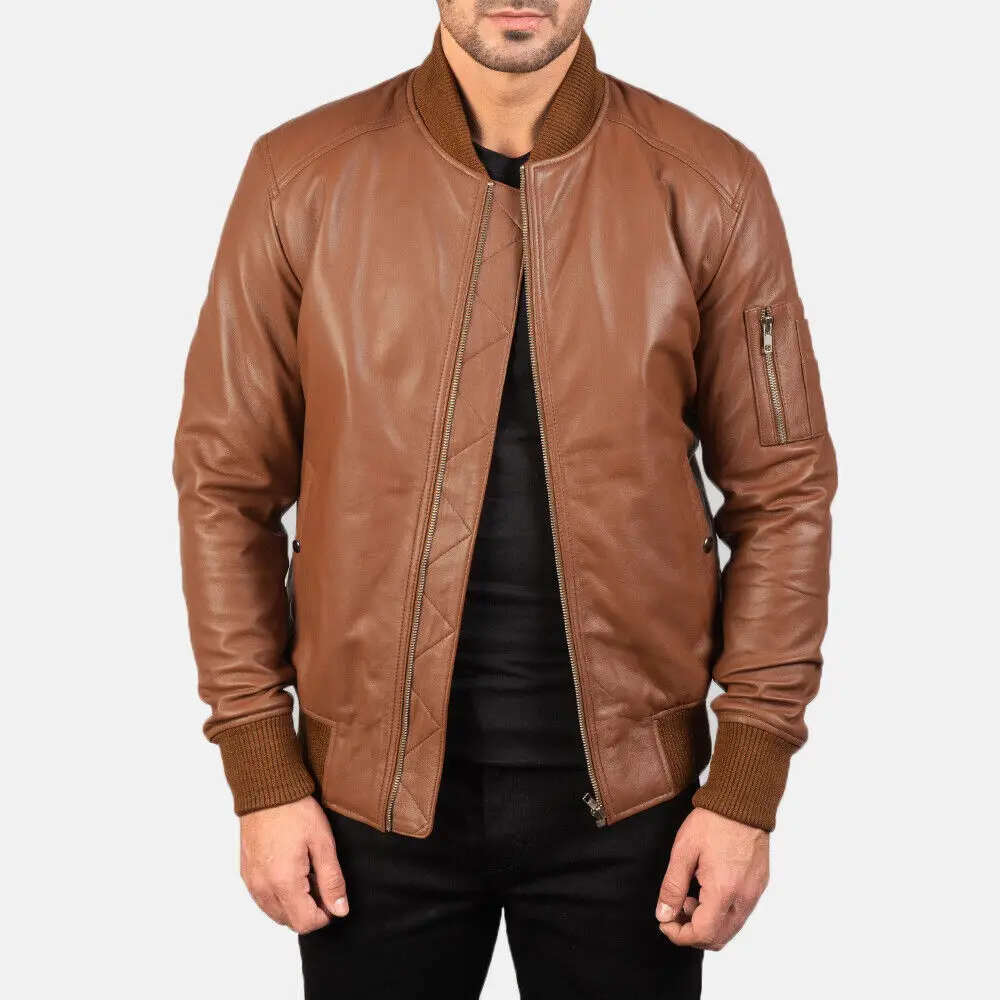 Man's Real Tan Leather Bomber Jacket for Men's Baseball Bomber Biker Jacket