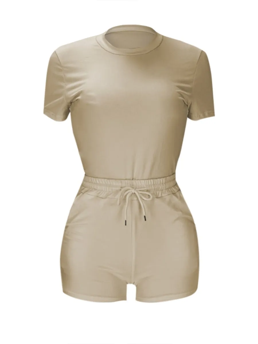 LW Plus Size Shorts Set Pocket Design Drawstring Shorts Set Women's T-shirt+Hot Pants Two Piece Set 2023 Summer Casual set